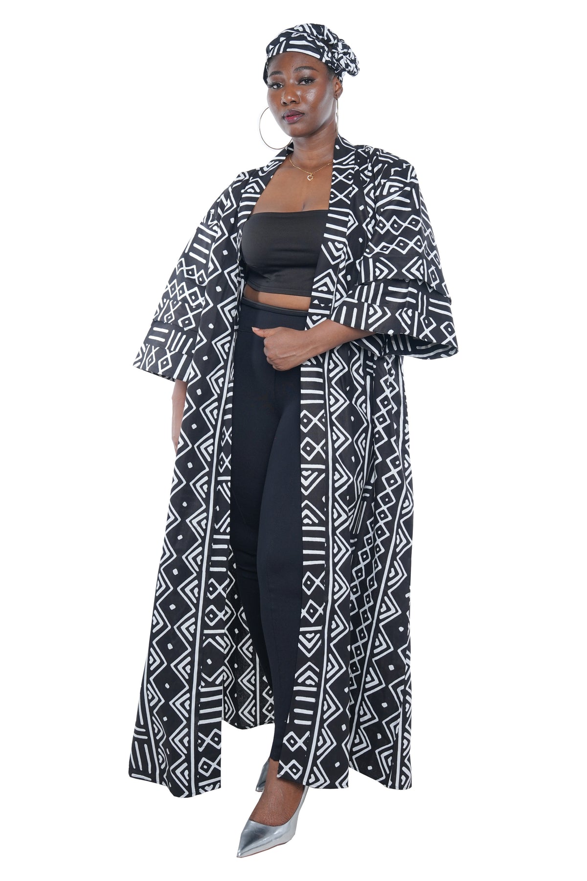 Long African Print Kimono for Women with Pockets &amp; Headwrap | One Size