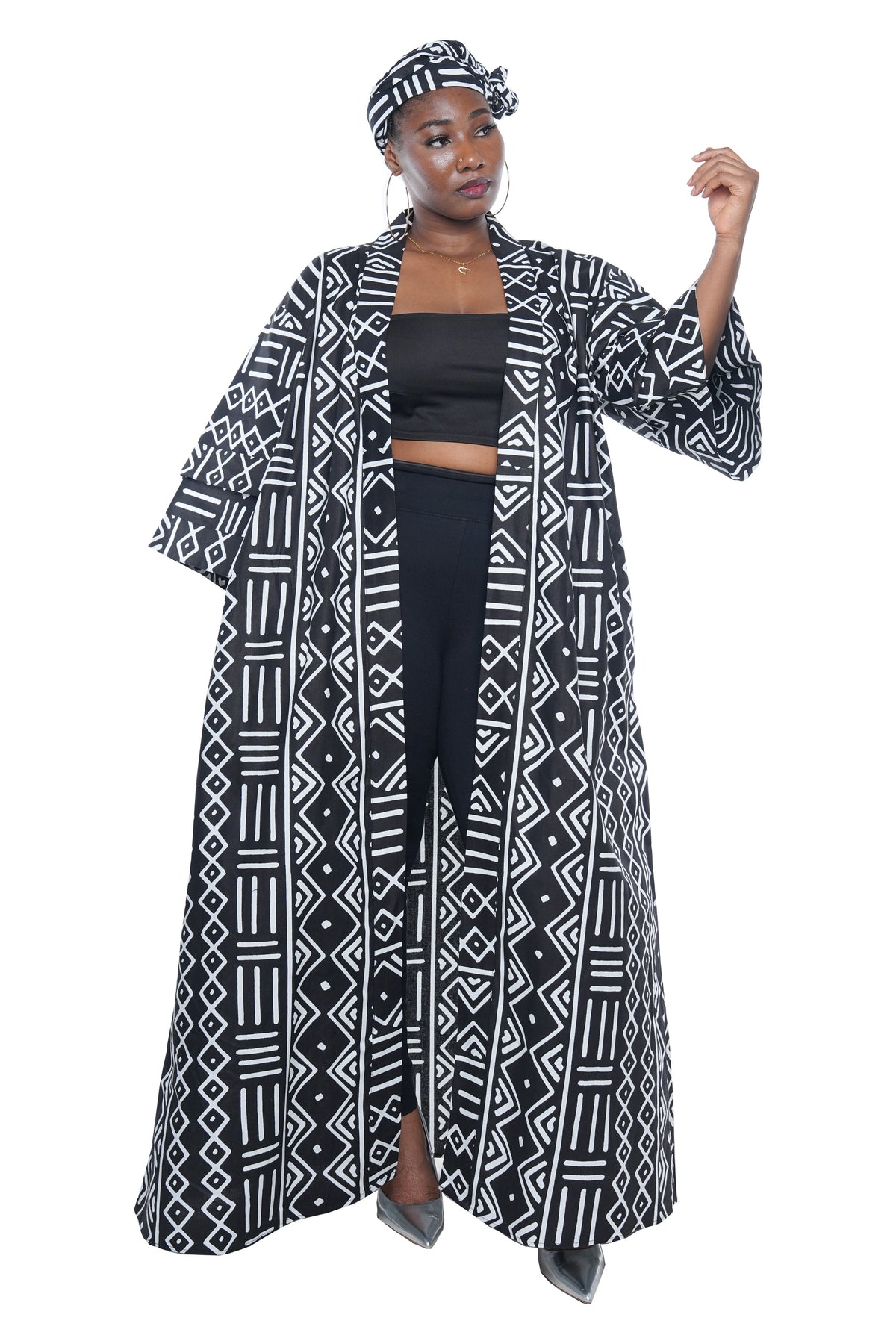 Long African Print Kimono for Women with Pockets &amp; Headwrap | One Size