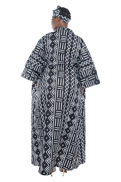 Long African Print Kimono for Women with Pockets &amp; Headwrap | One Size