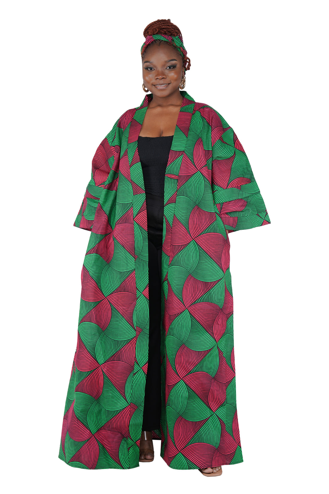 African Print Long Duster Kimono for Women with Headwrap | 100% Cotton