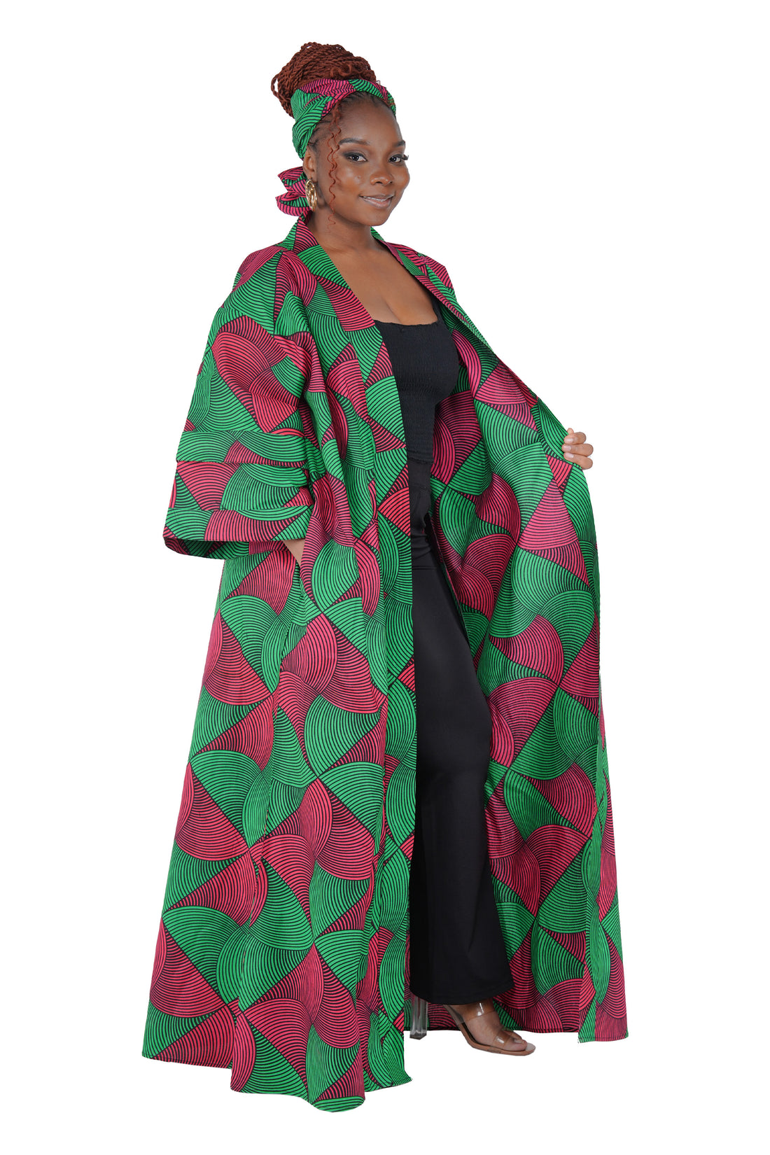 African Print Long Duster Kimono for Women with Headwrap | 100% Cotton