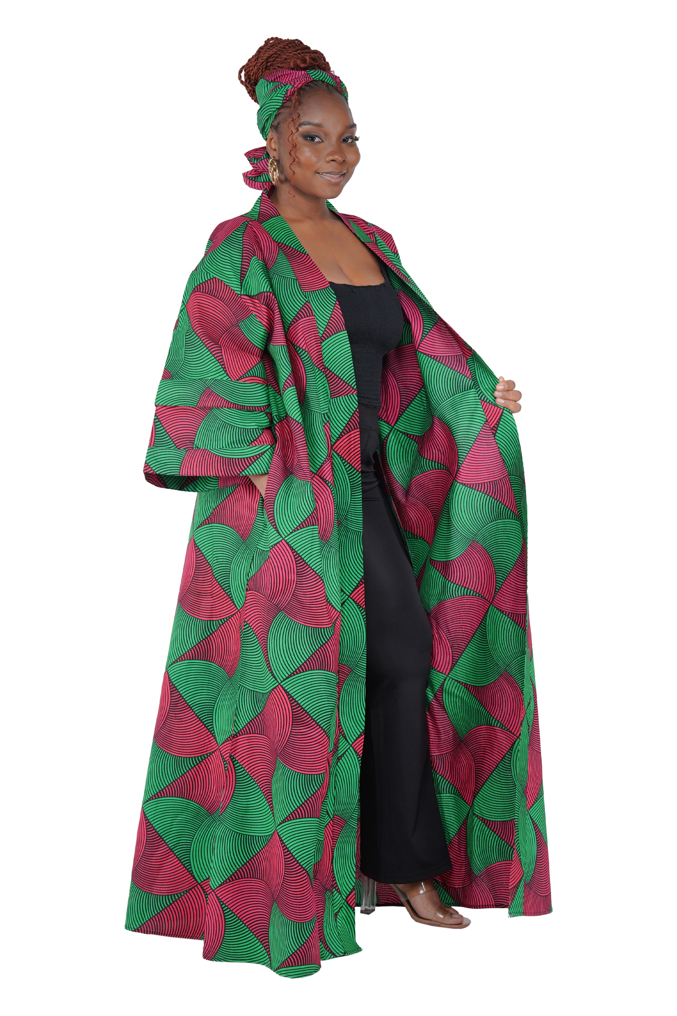 African Print Long Duster Kimono for Women with Headwrap | 100% Cotton