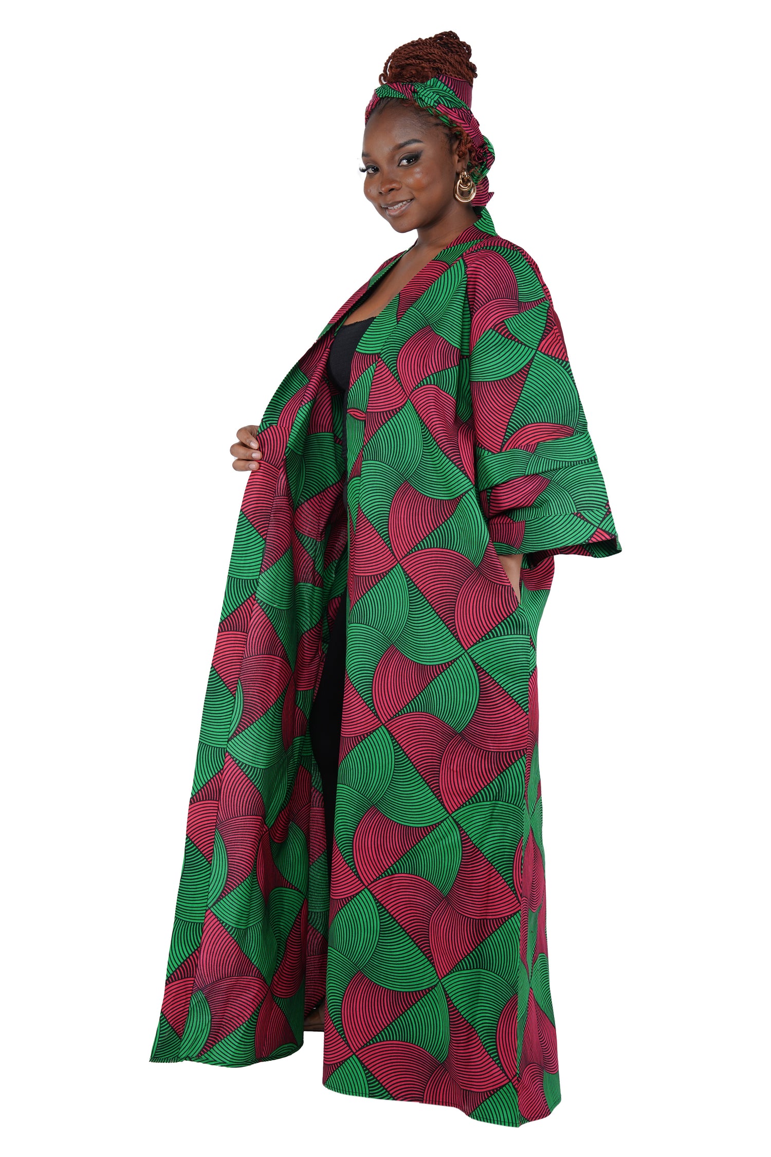 African Print Long Duster Kimono for Women with Headwrap | 100% Cotton
