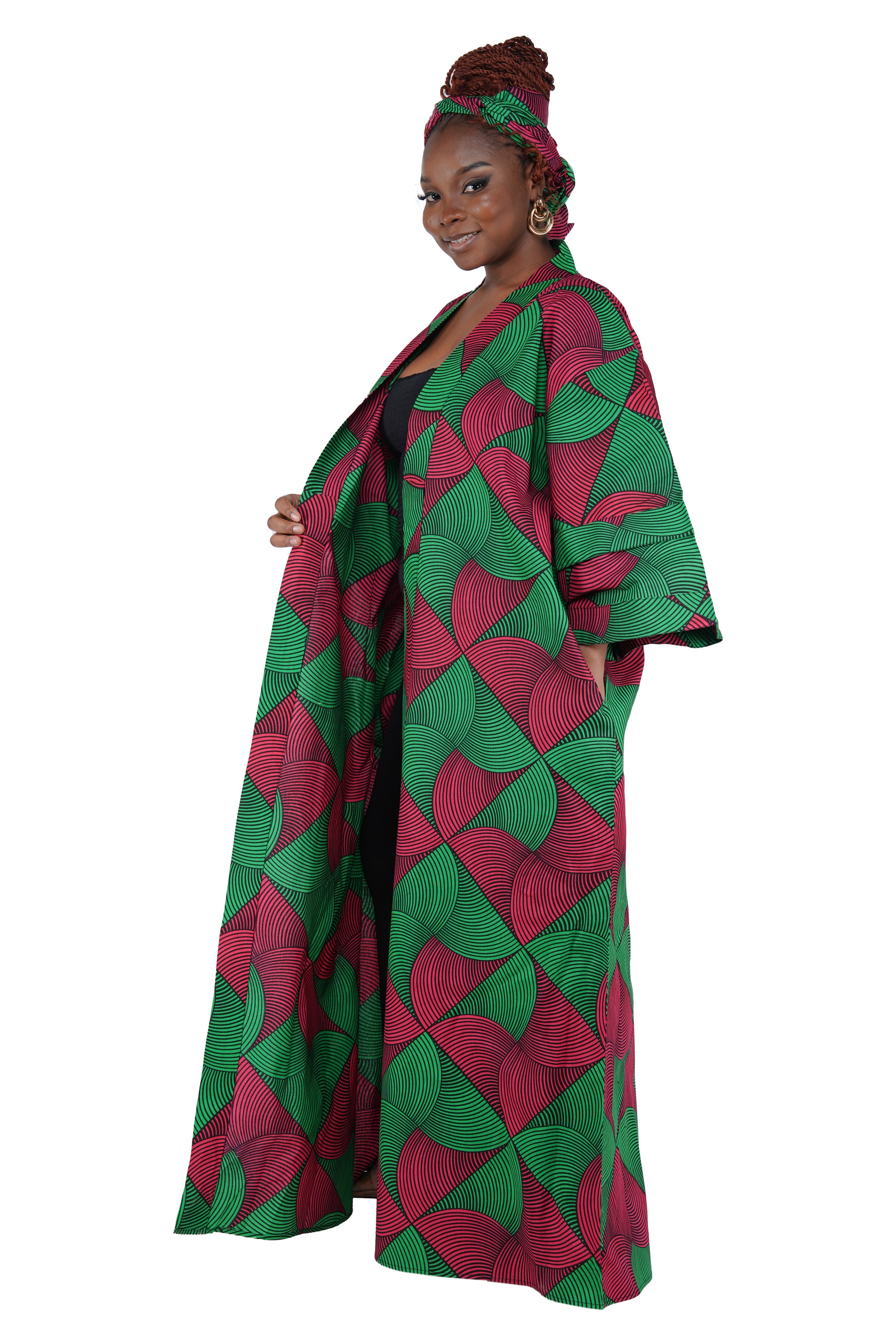 African Print Long Duster Kimono for Women with Headwrap | 100% Cotton