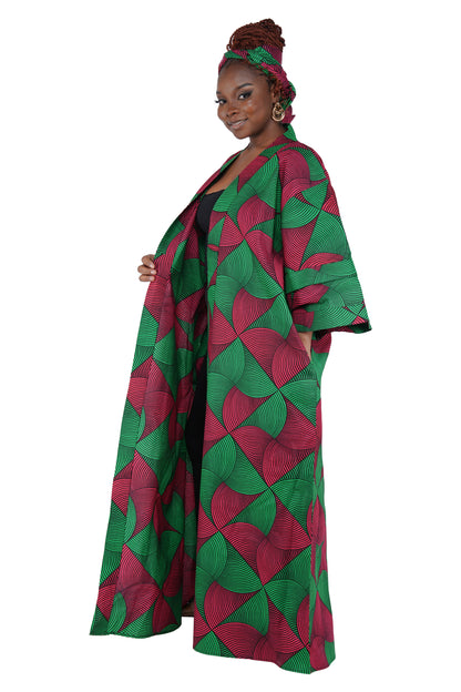 African Print Long Duster Kimono for Women with Headwrap | 100% Cotton