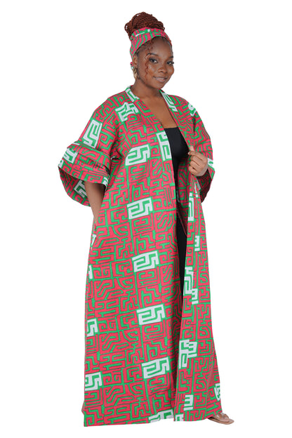 African Print Long Duster Kimono for Women with Headwrap | 100% Cotton