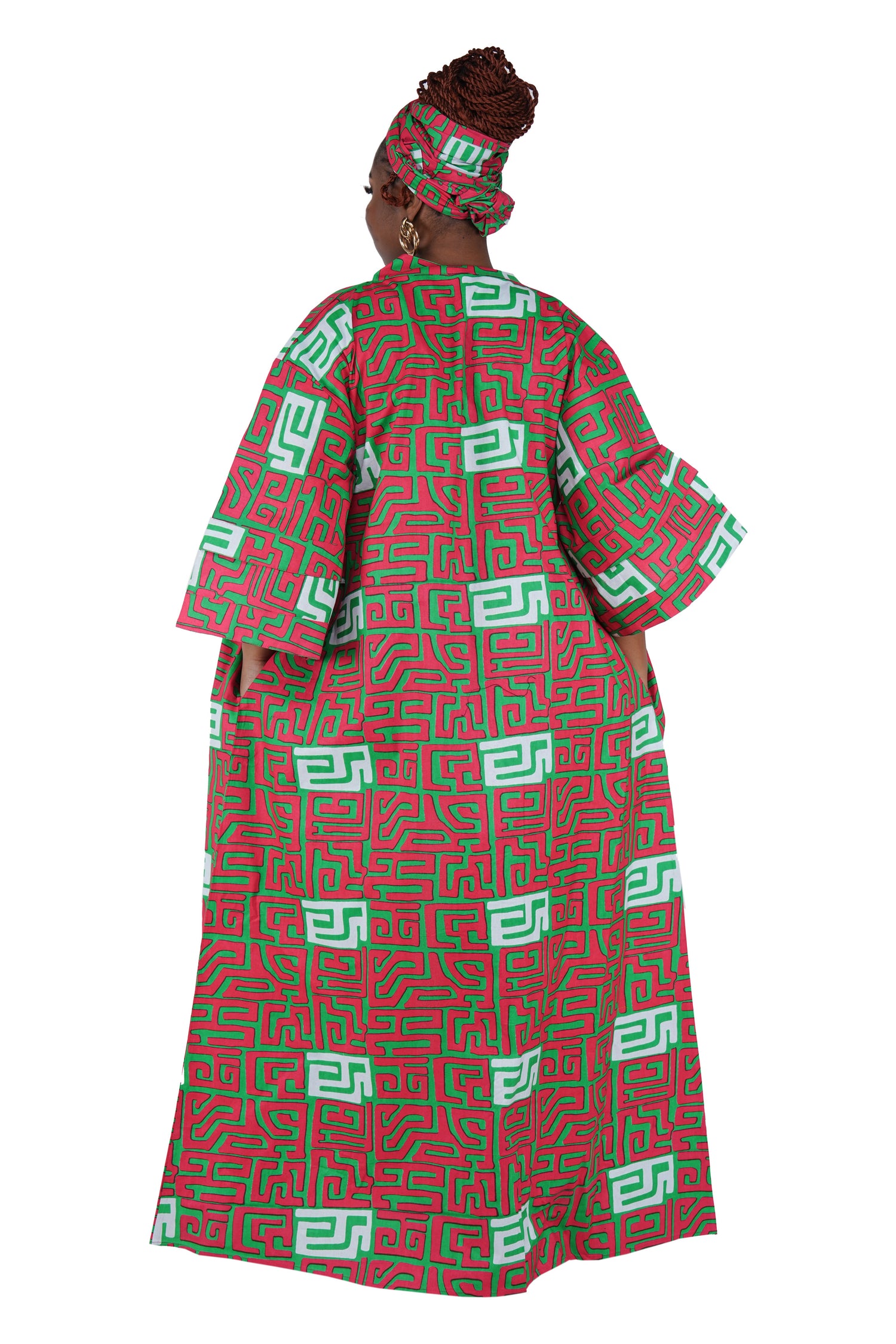 African Print Long Duster Kimono for Women with Headwrap | 100% Cotton