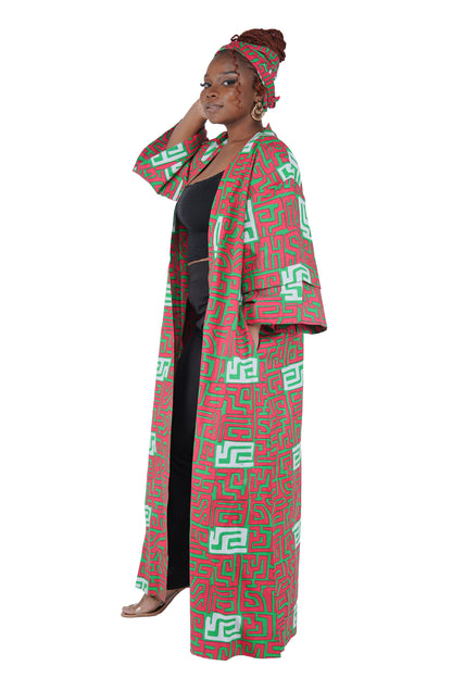 African Print Long Duster Kimono for Women with Headwrap | 100% Cotton