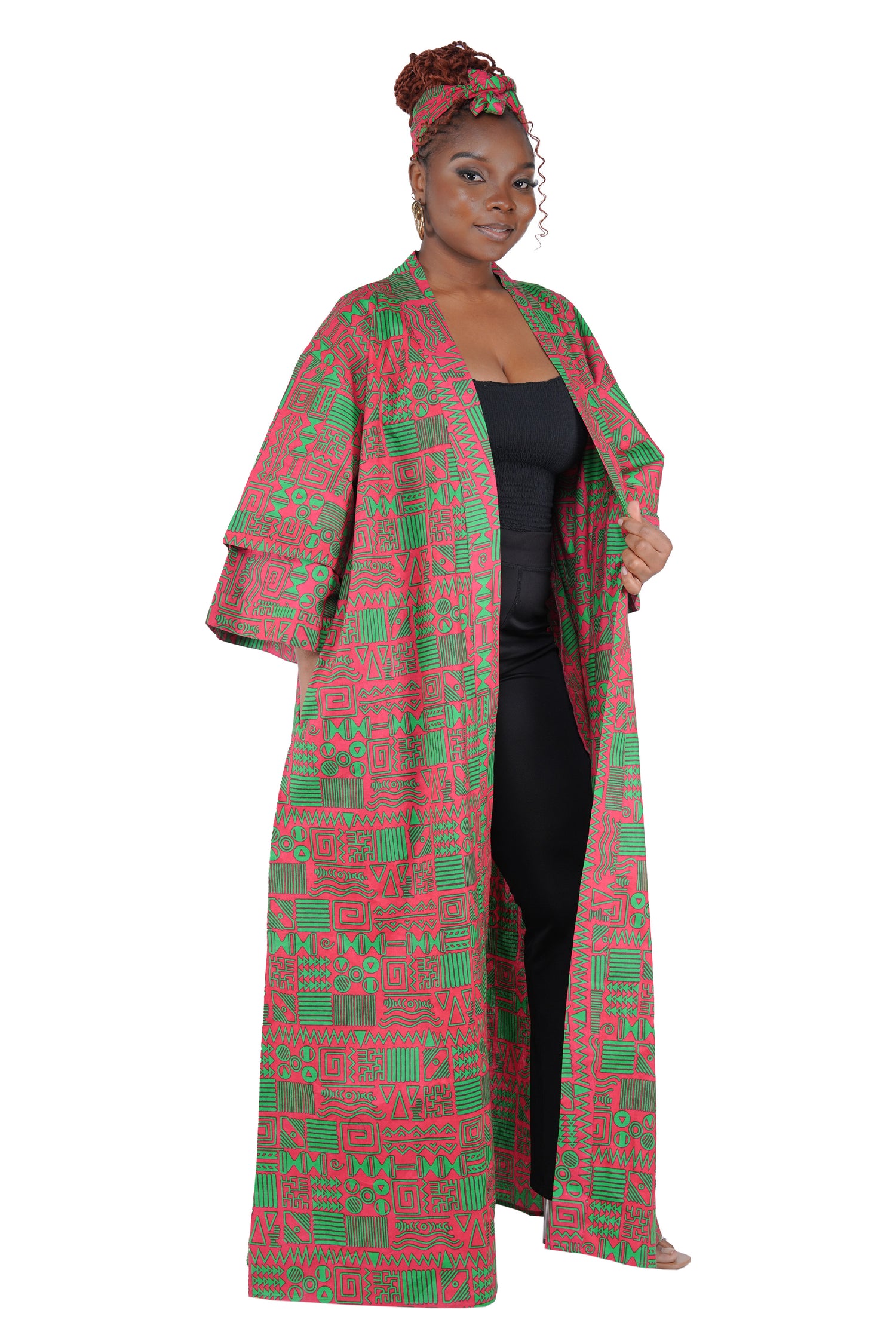 African Print Long Duster Kimono for Women with Headwrap | 100% Cotton