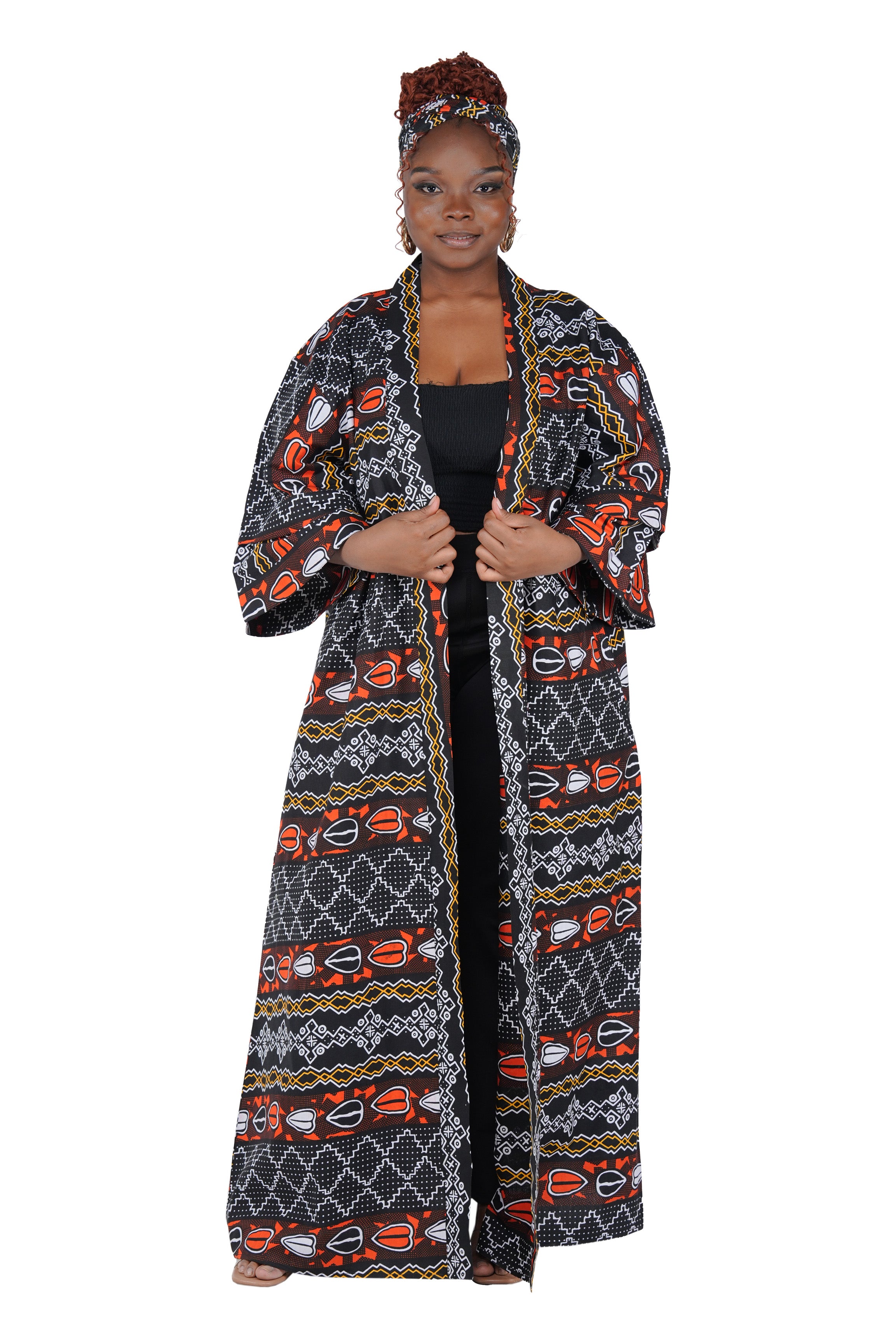 African Print Long Duster Kimono for Women with Headwrap | 100% Cotton