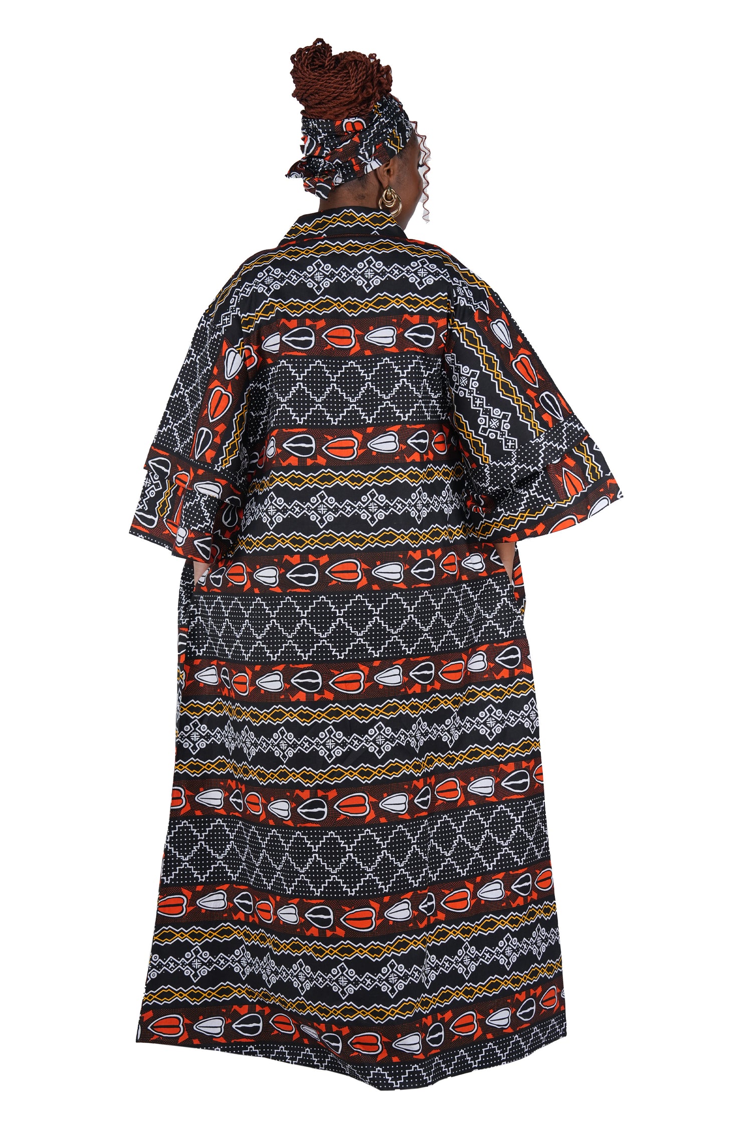 African Print Long Duster Kimono for Women with Headwrap | 100% Cotton