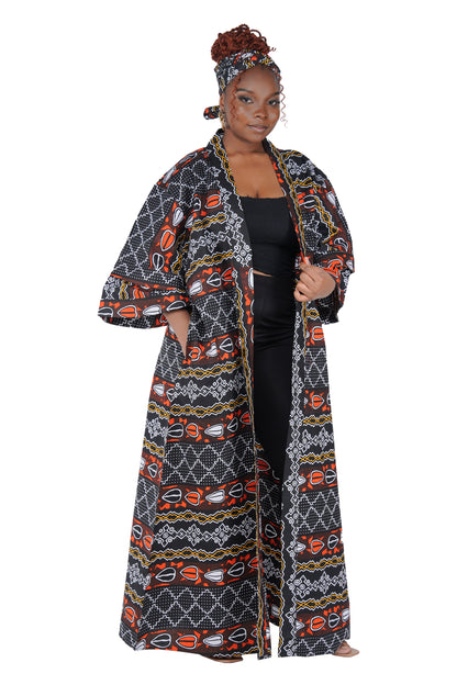 African Print Long Duster Kimono for Women with Headwrap | 100% Cotton