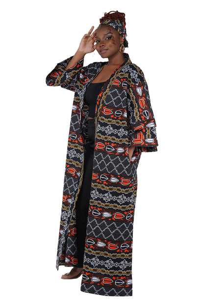 African Print Long Duster Kimono for Women with Headwrap | 100% Cotton