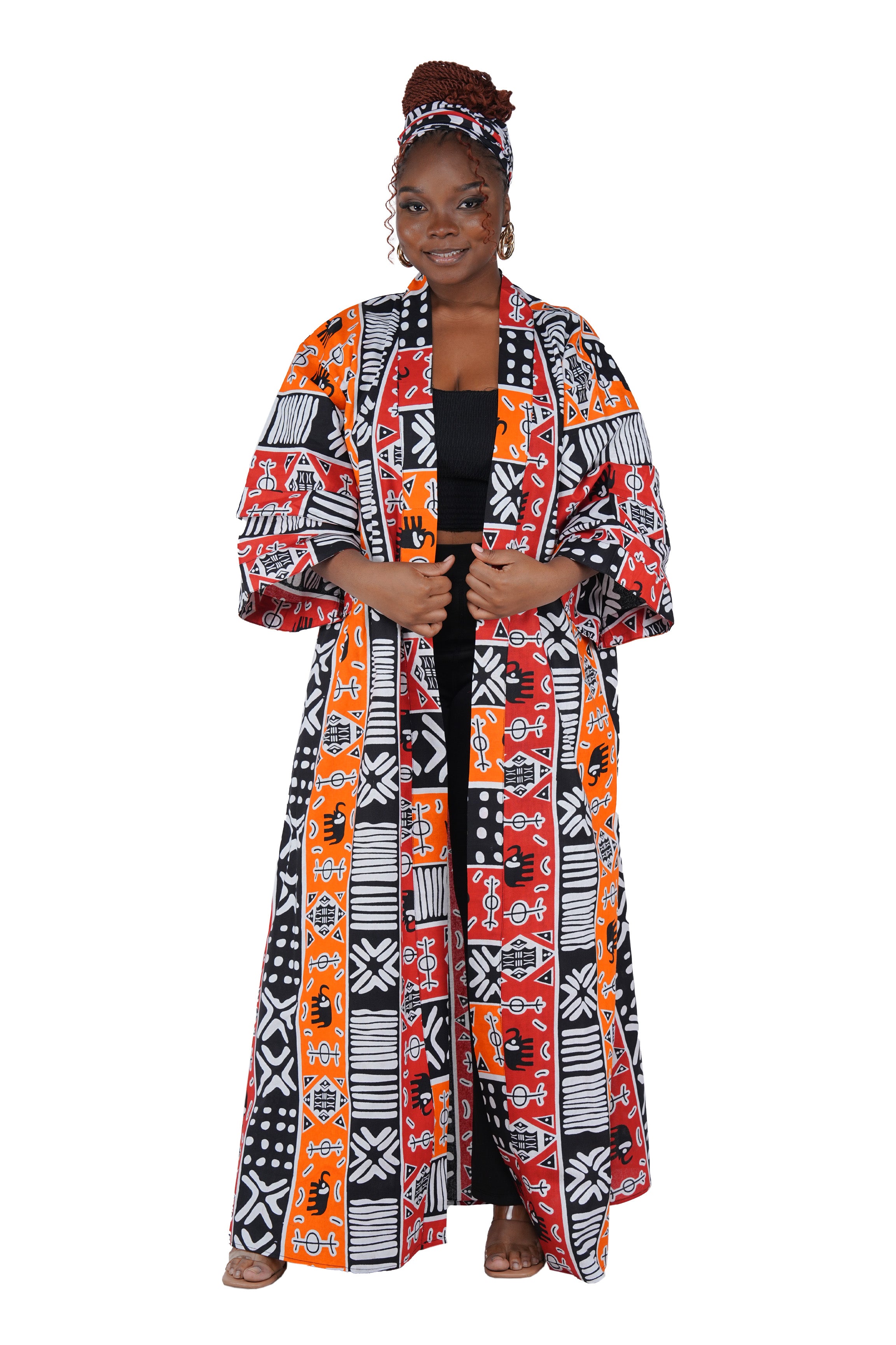 African Print Long Duster Kimono for Women with Headwrap | 100% Cotton