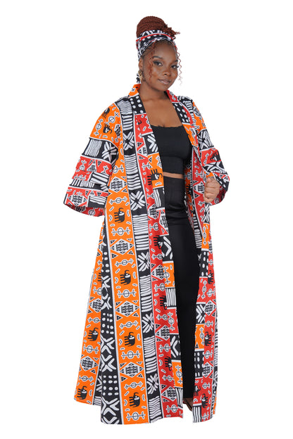 African Print Long Duster Kimono for Women with Headwrap | 100% Cotton