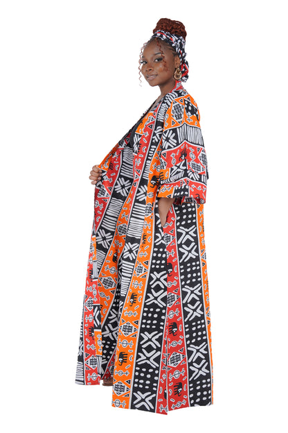 African Print Long Duster Kimono for Women with Headwrap | 100% Cotton
