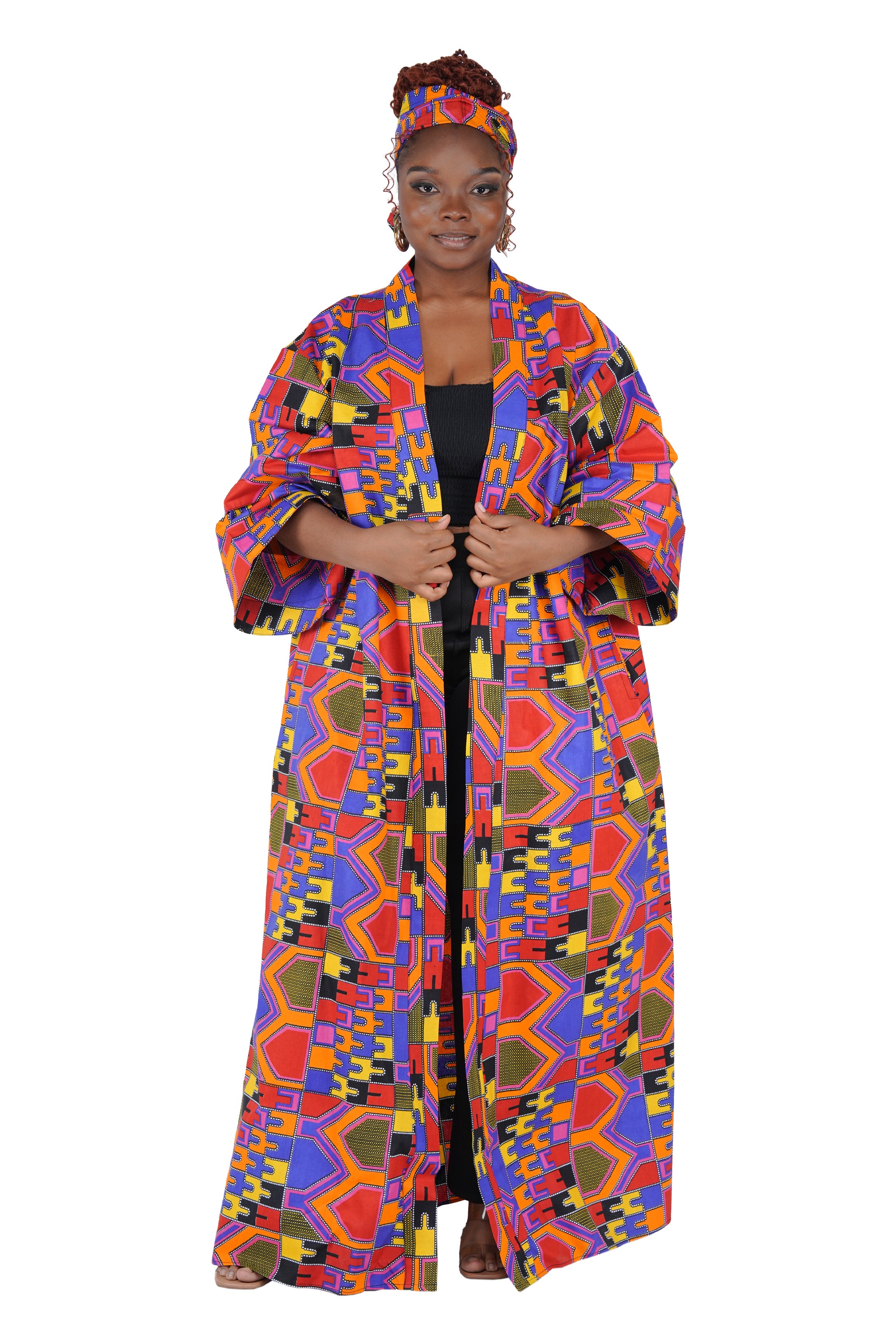 African Print Long Duster Kimono for Women with Headwrap | 100% Cotton