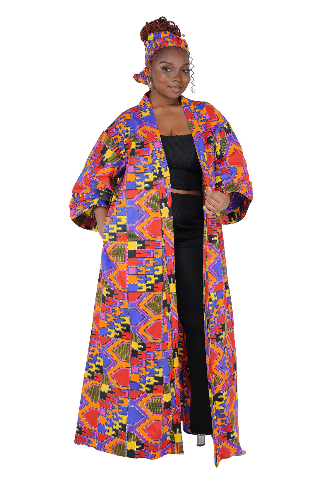 African Print Long Duster Kimono for Women with Headwrap | 100% Cotton