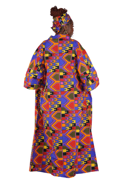 African Print Long Duster Kimono for Women with Headwrap | 100% Cotton