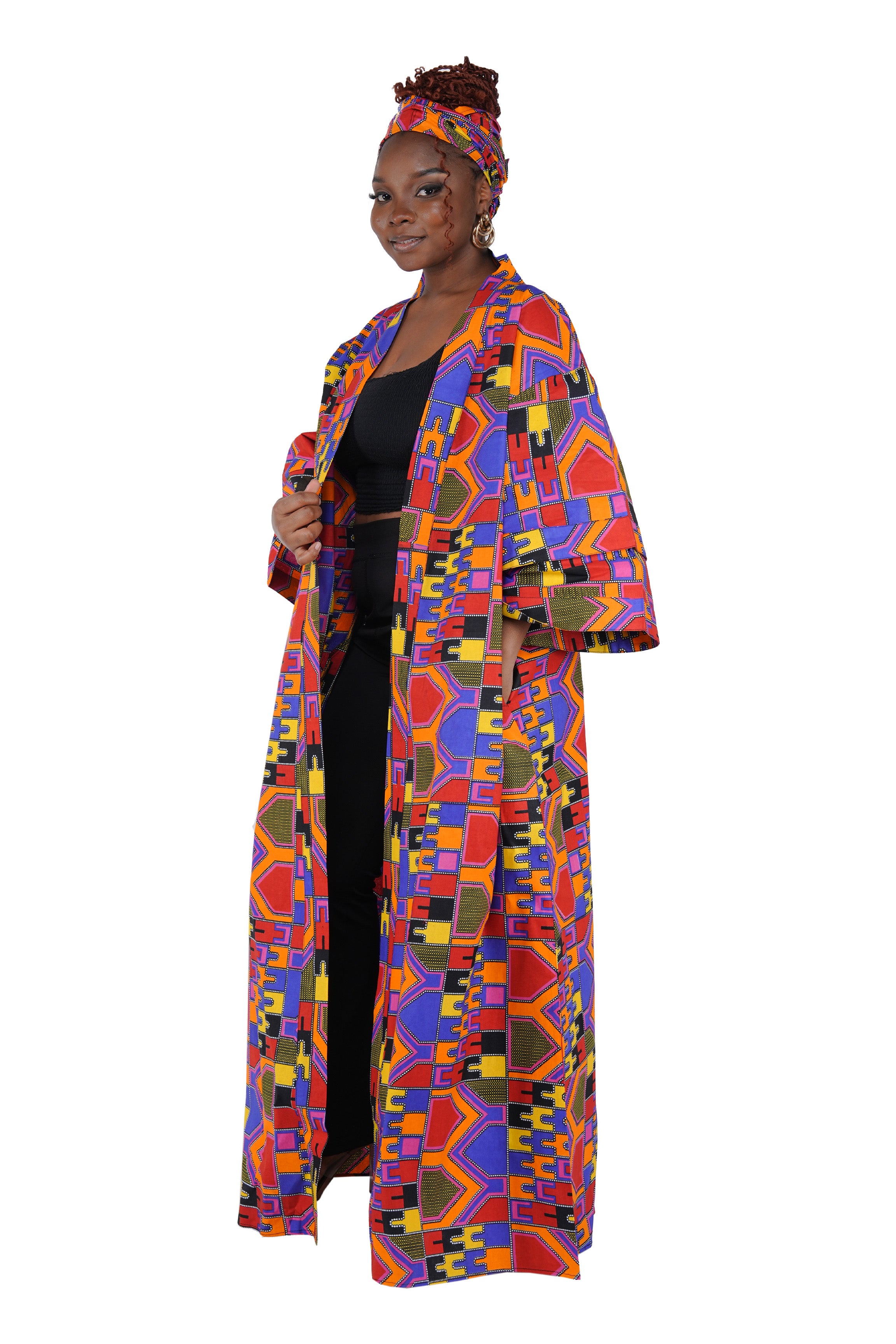 African Print Long Duster Kimono for Women with Headwrap | 100% Cotton