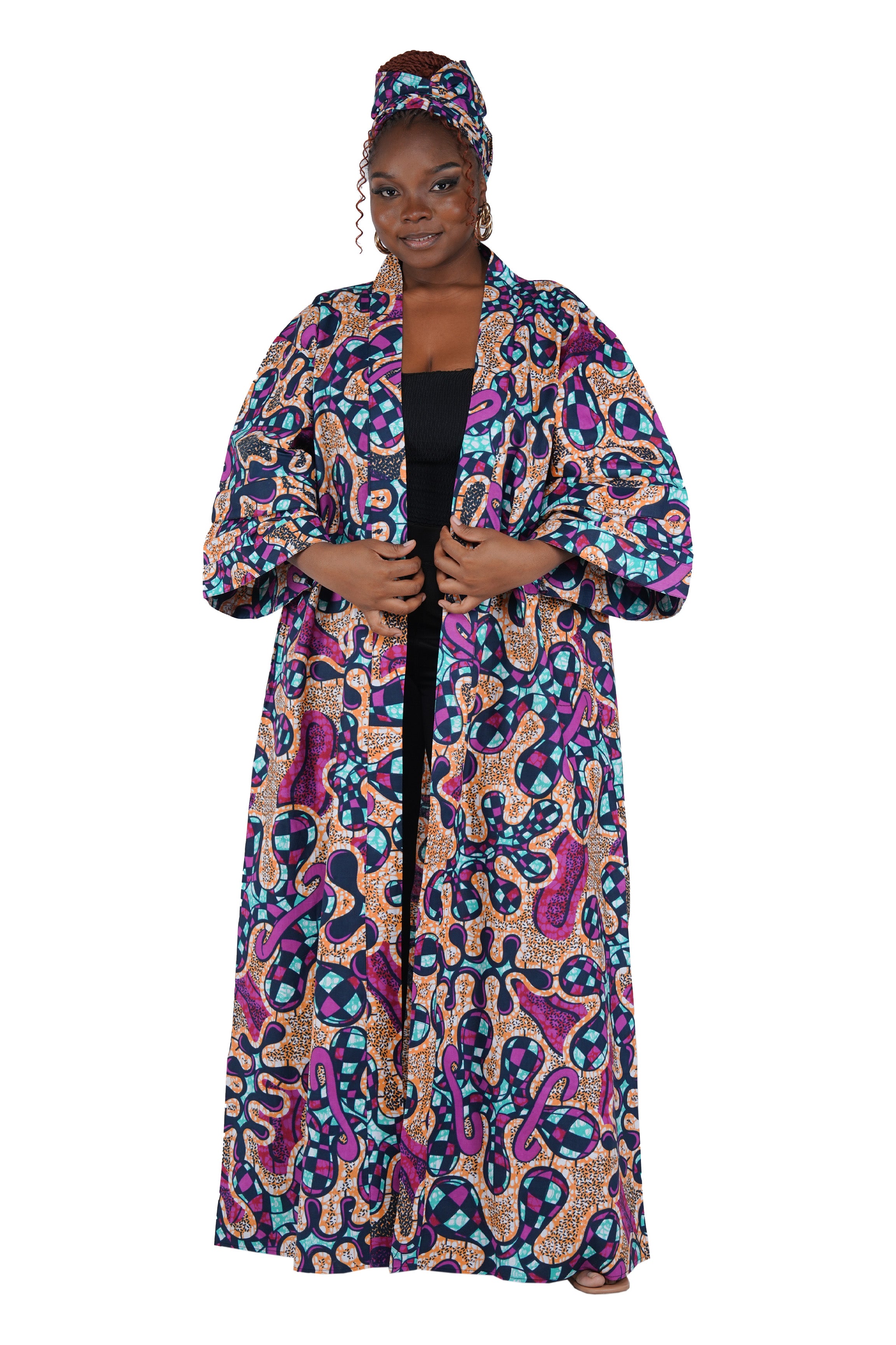 African Print Long Duster Kimono for Women with Headwrap | 100% Cotton