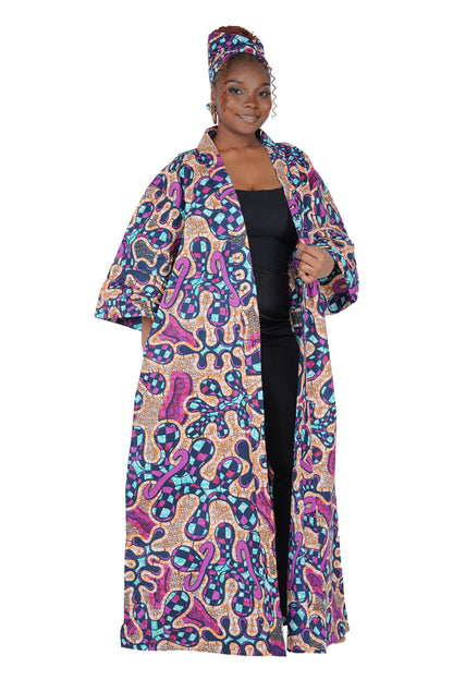 African Print Long Duster Kimono for Women with Headwrap | 100% Cotton