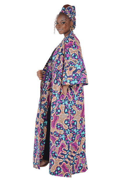 African Print Long Duster Kimono for Women with Headwrap | 100% Cotton