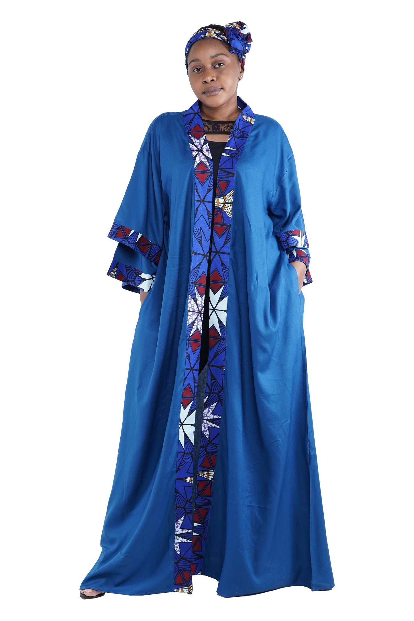 African Trim Blue Long Kimono Jacket