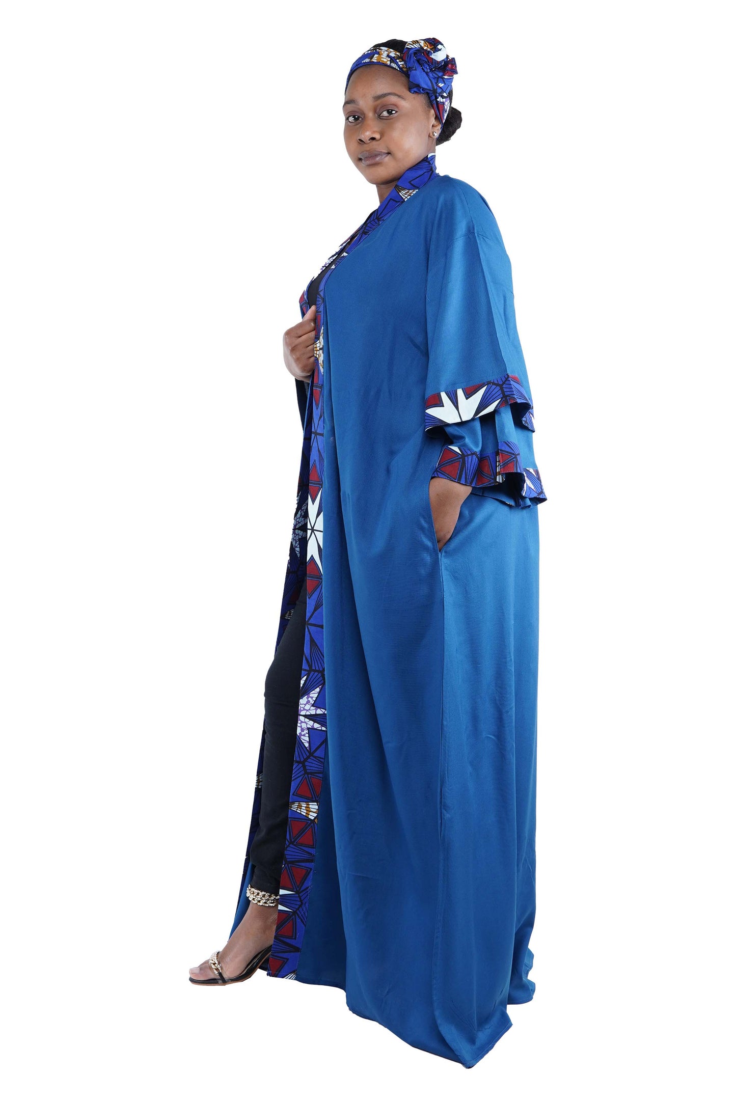 African Trim Blue Long Kimono Jacket