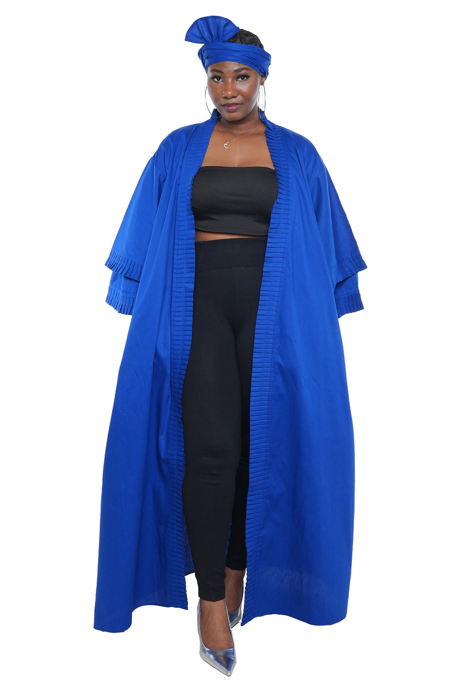 Blue Pleated Long Duster | Robe | Kimono