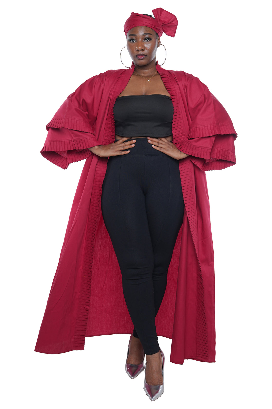 Maroon Pleated Long Duster | Robe | Kimono