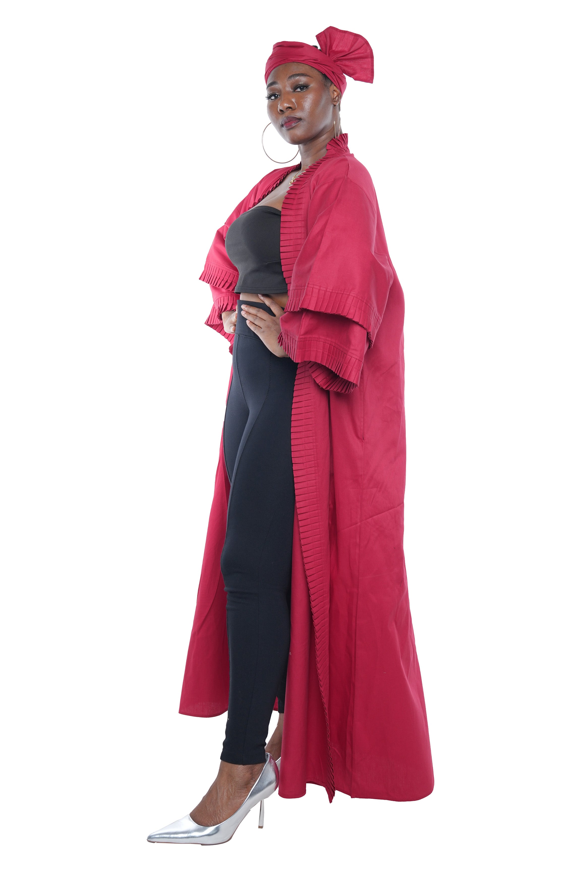 Maroon Pleated Long Duster | Robe | Kimono