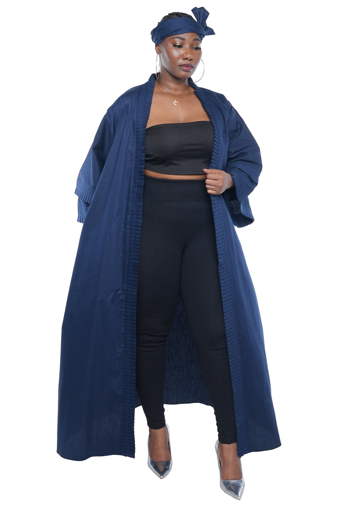 Navy Blue Pleated Long Duster | Robe | Kimono