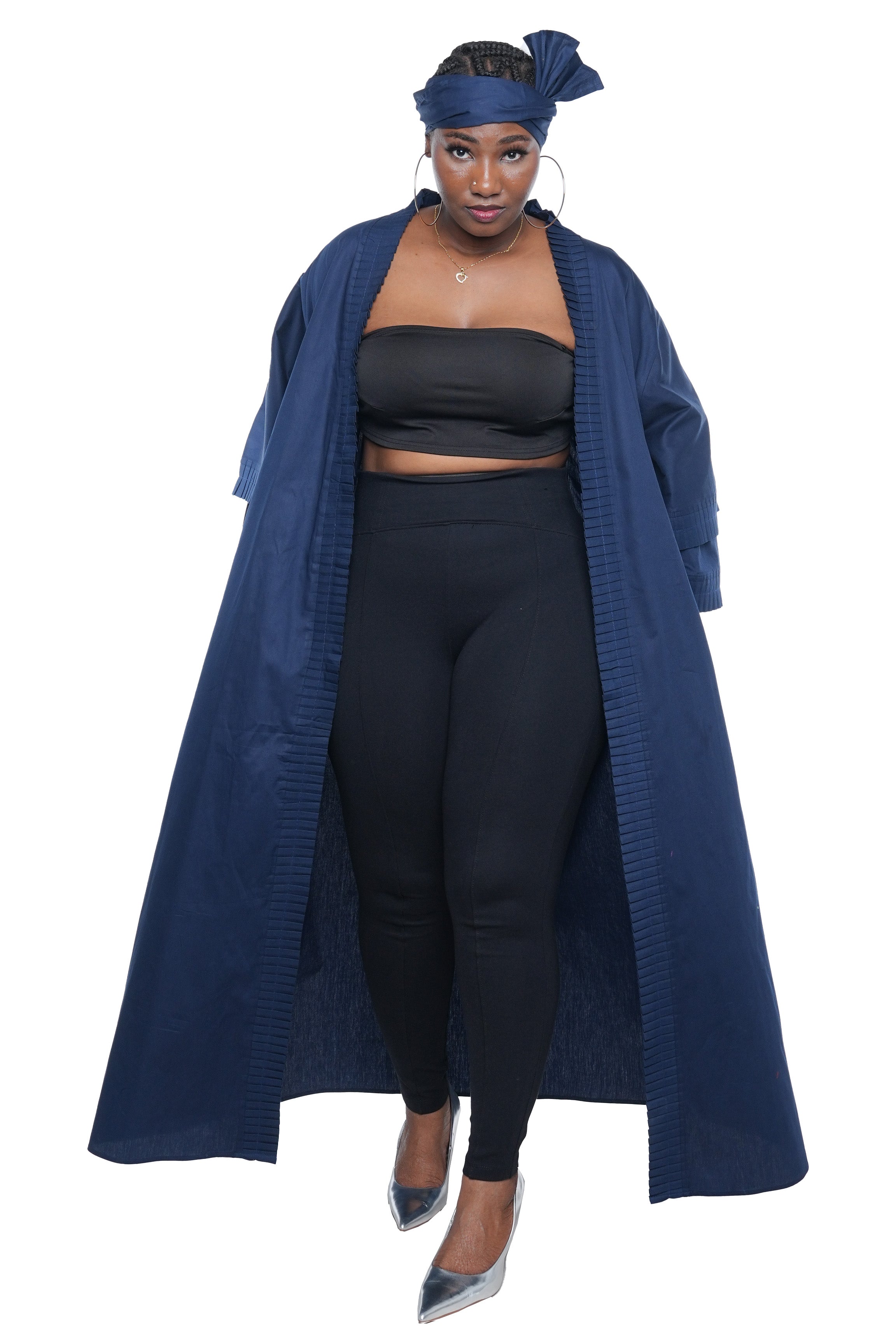 Navy Blue Pleated Long Duster | Robe | Kimono