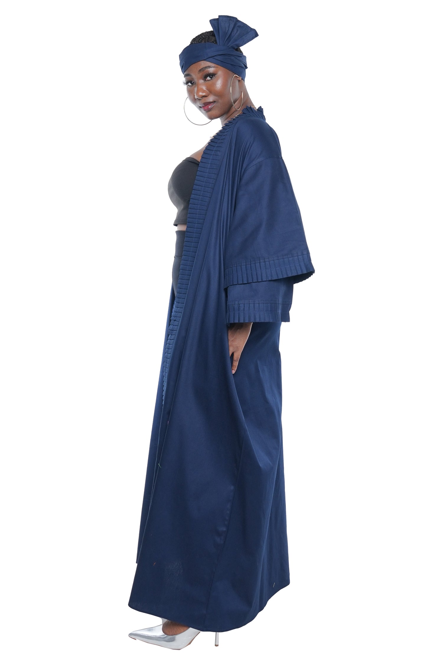 Navy Blue Pleated Long Duster | Robe | Kimono