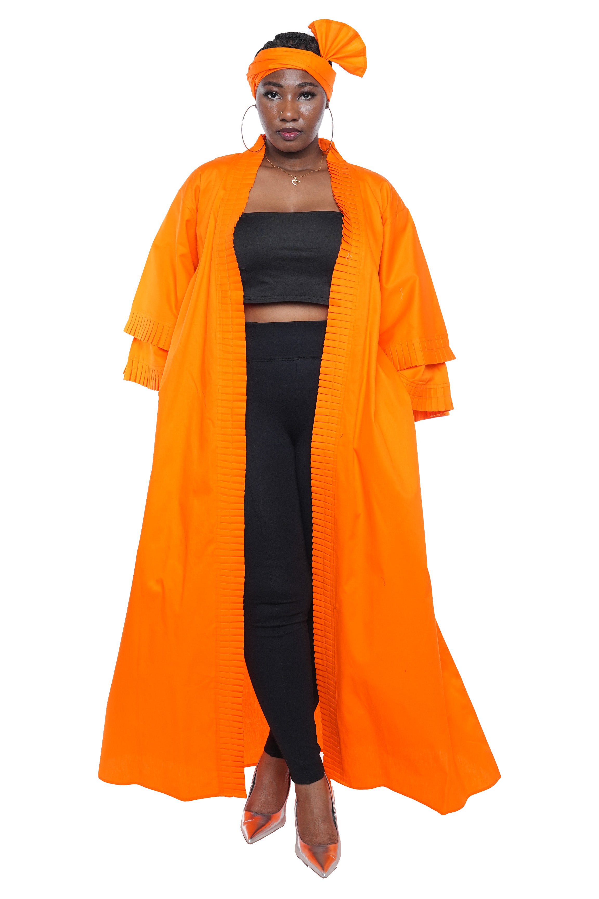 Orange Pleated Long Duster | Robe | Kimono