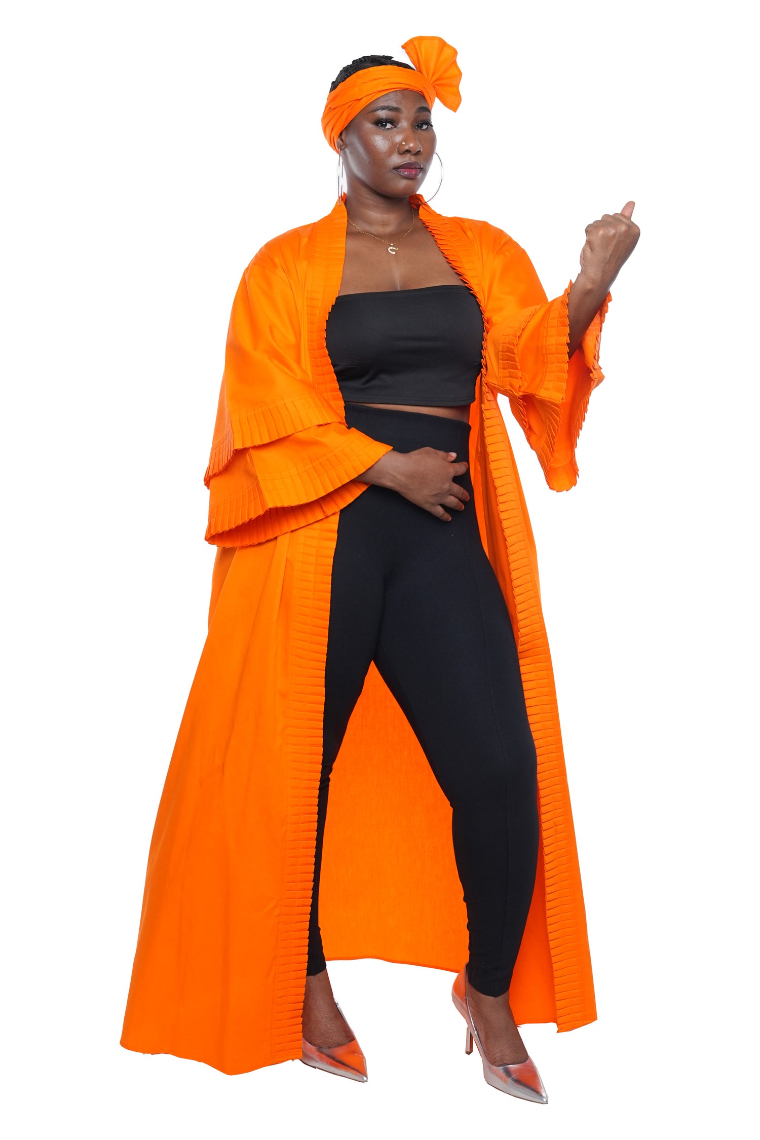 Orange Pleated Long Duster | Robe | Kimono