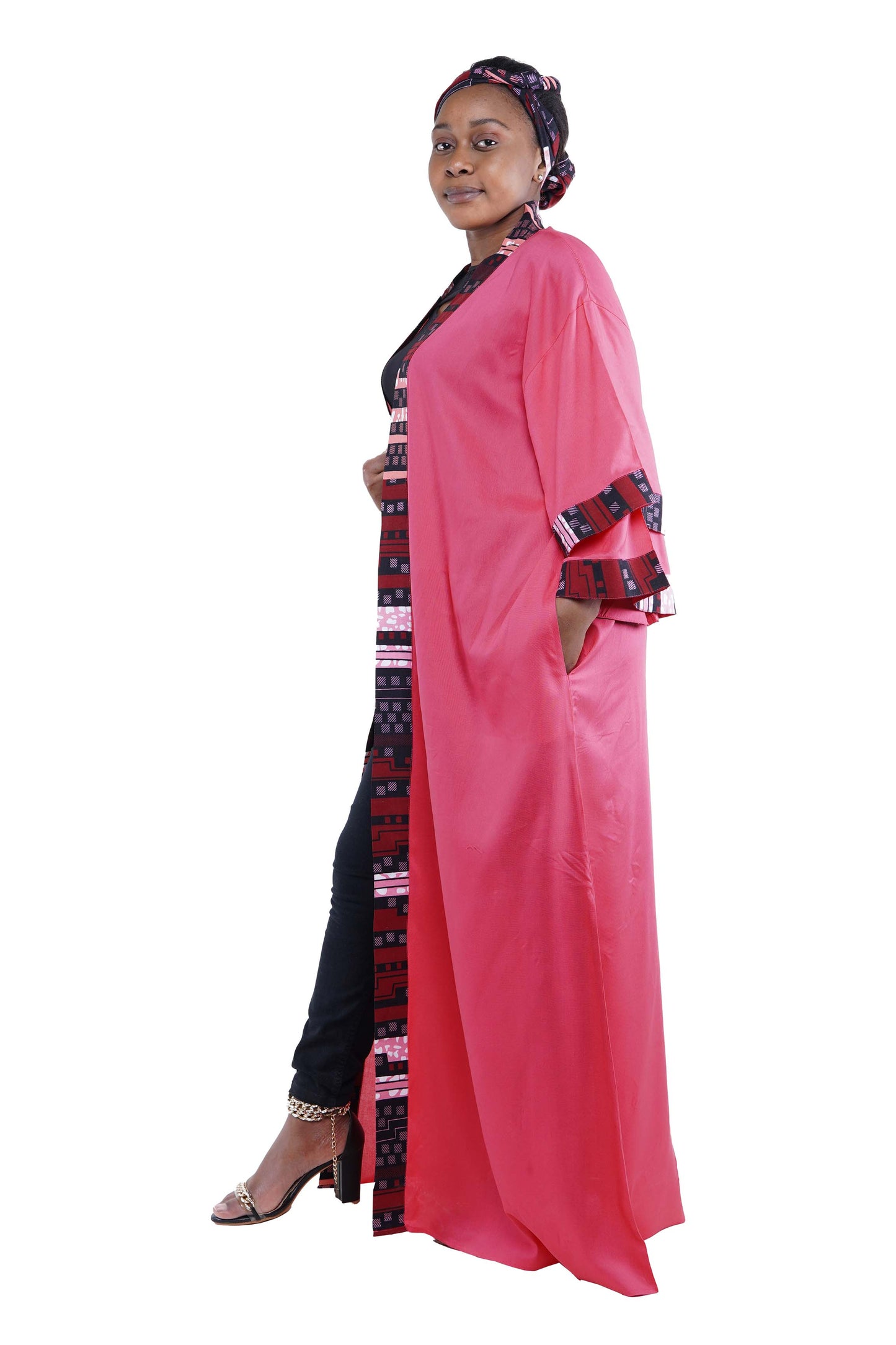 African Trim Pink Long Kimono Jacket
