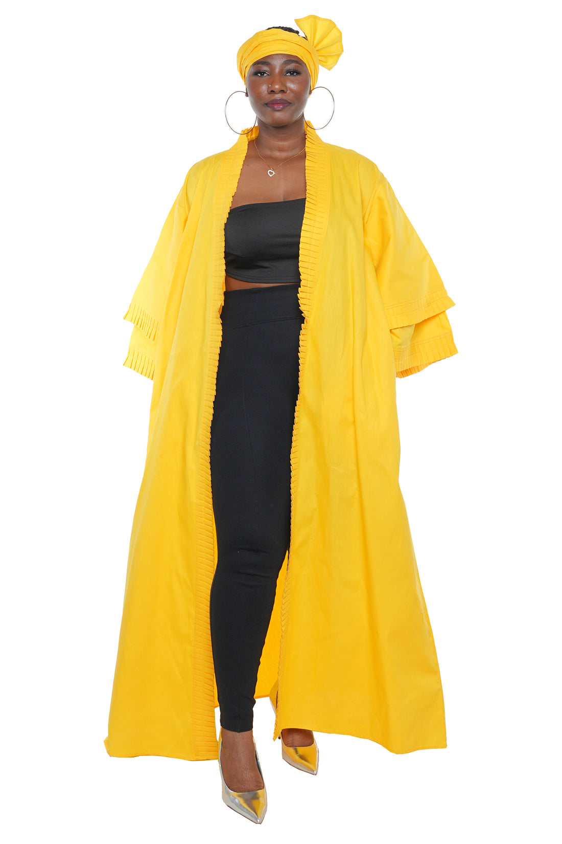 Yellow Pleated Long Duster | Robe | Kimono