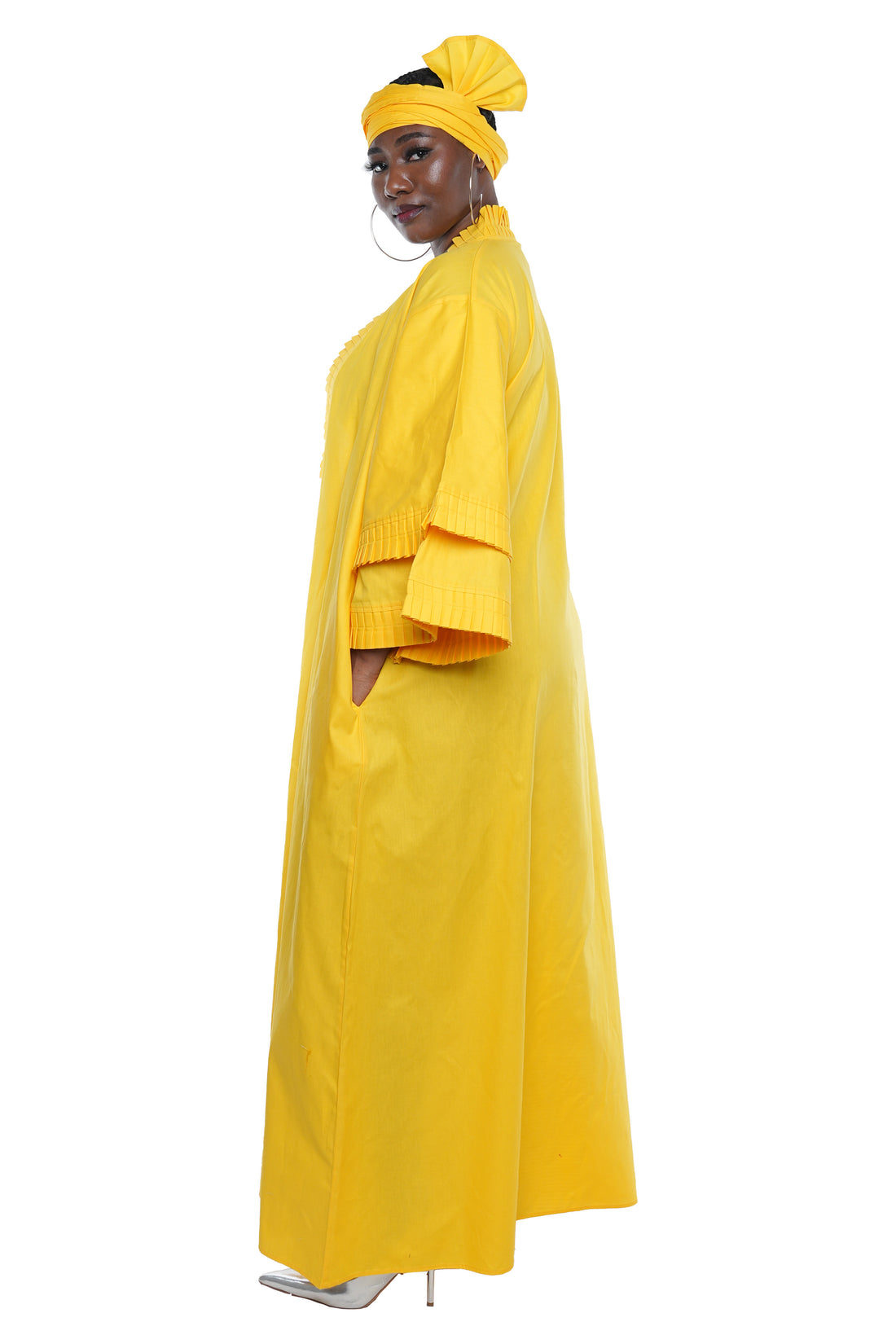 Yellow Pleated Long Duster | Robe | Kimono