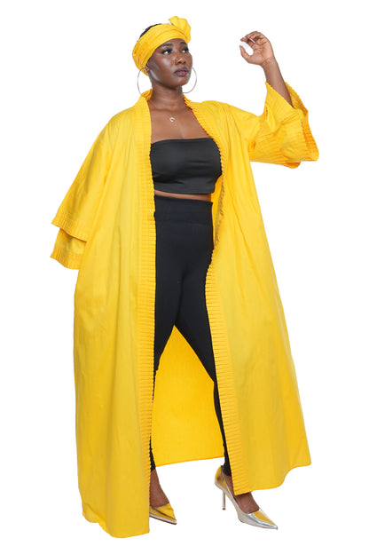 Yellow Pleated Long Duster | Robe | Kimono