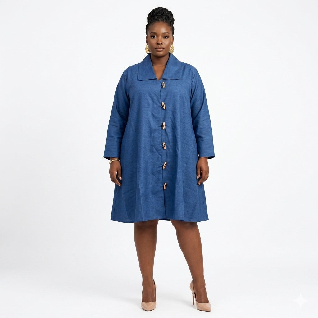 Blue Denim Ladies Button Up Swing Dress | One Size
