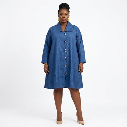 Blue Denim Ladies Button Up Swing Dress | One Size