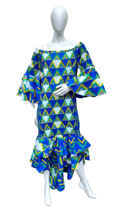African High Low Mermaid Dress w/ Headwrap – Smocked Cotton- Plus Size