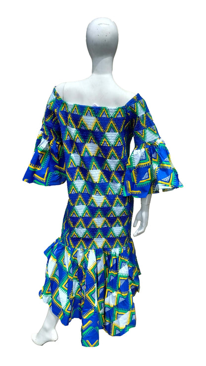 African High Low Mermaid Dress w/ Headwrap – Smocked Cotton- Plus Size