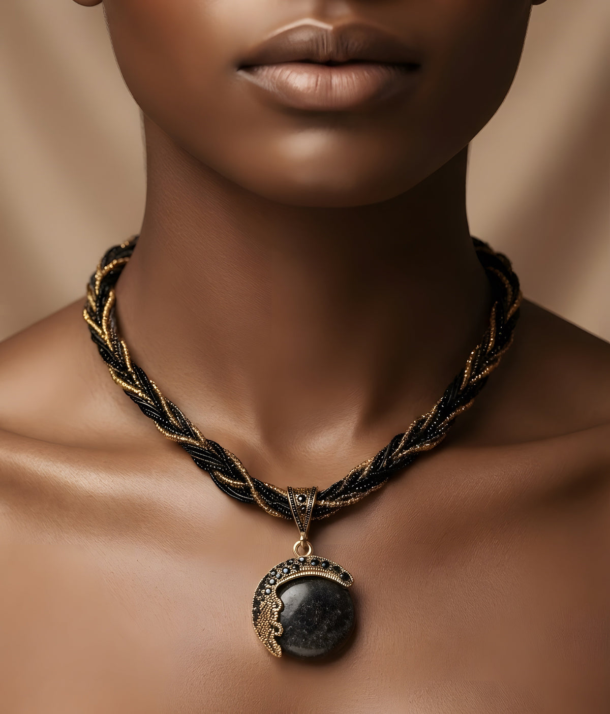 Twisted Beaded Braid Round Pendant Necklace