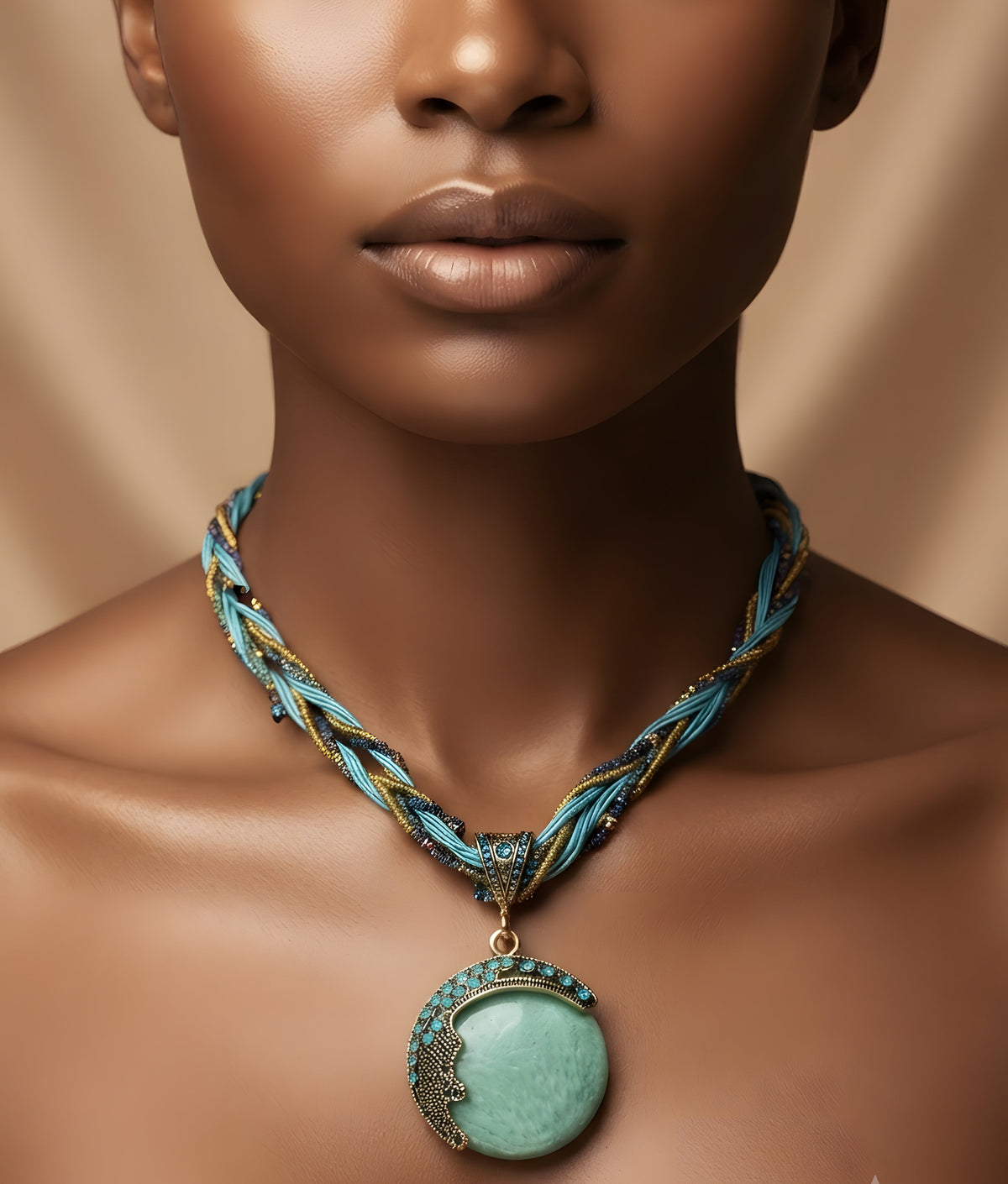Twisted Beaded Braid Round Pendant Necklace