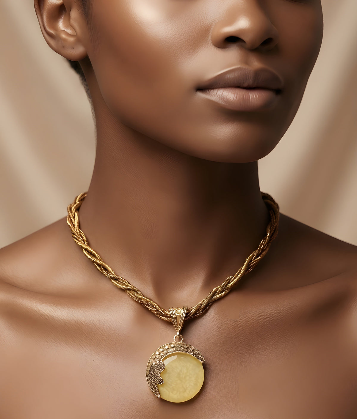Twisted Beaded Braid Round Pendant Necklace