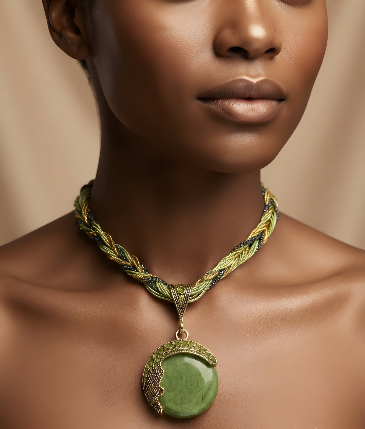 Twisted Beaded Braid Round Pendant Necklace