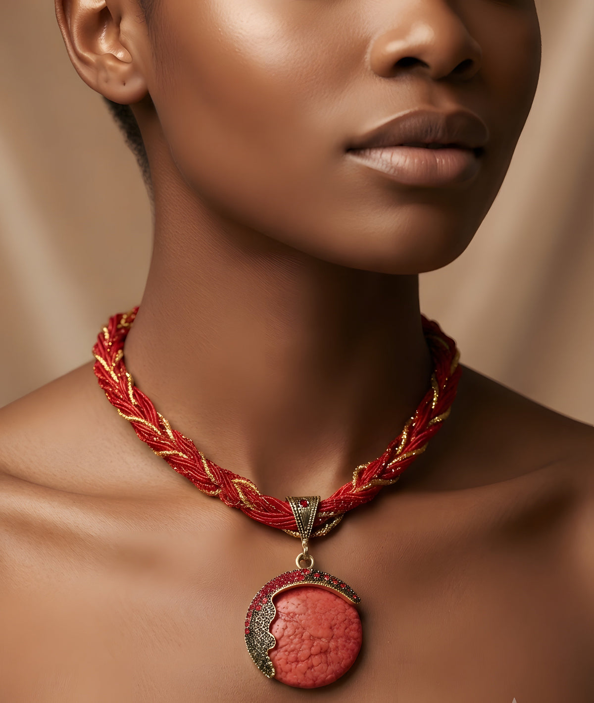 Twisted Beaded Braid Round Pendant Necklace